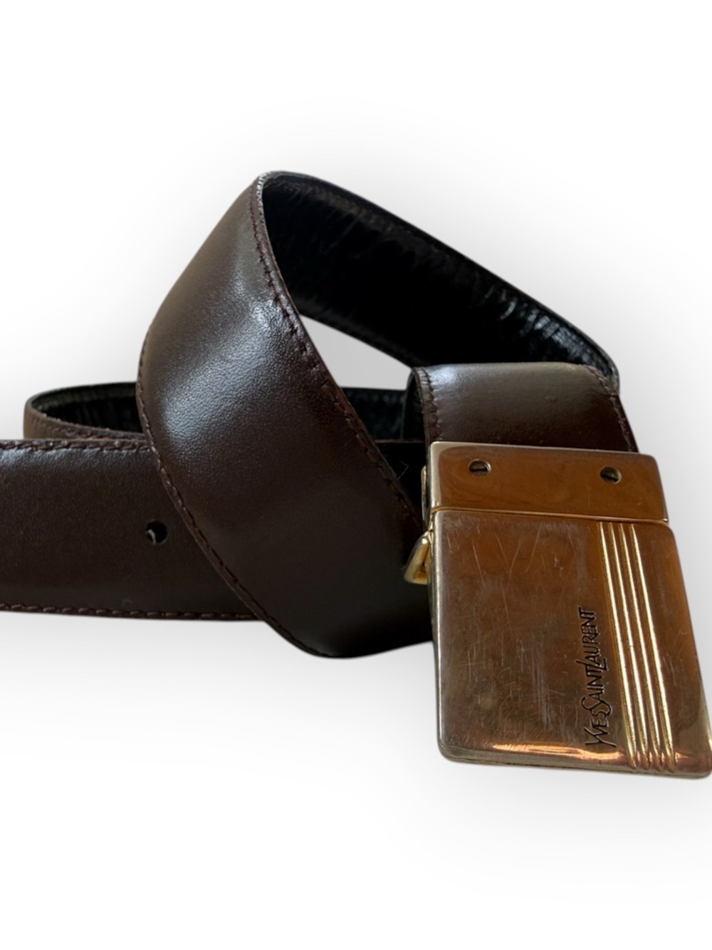 Vintage Yves Saint Laurent reversible Brown black leather Belt with Gold Buckle
